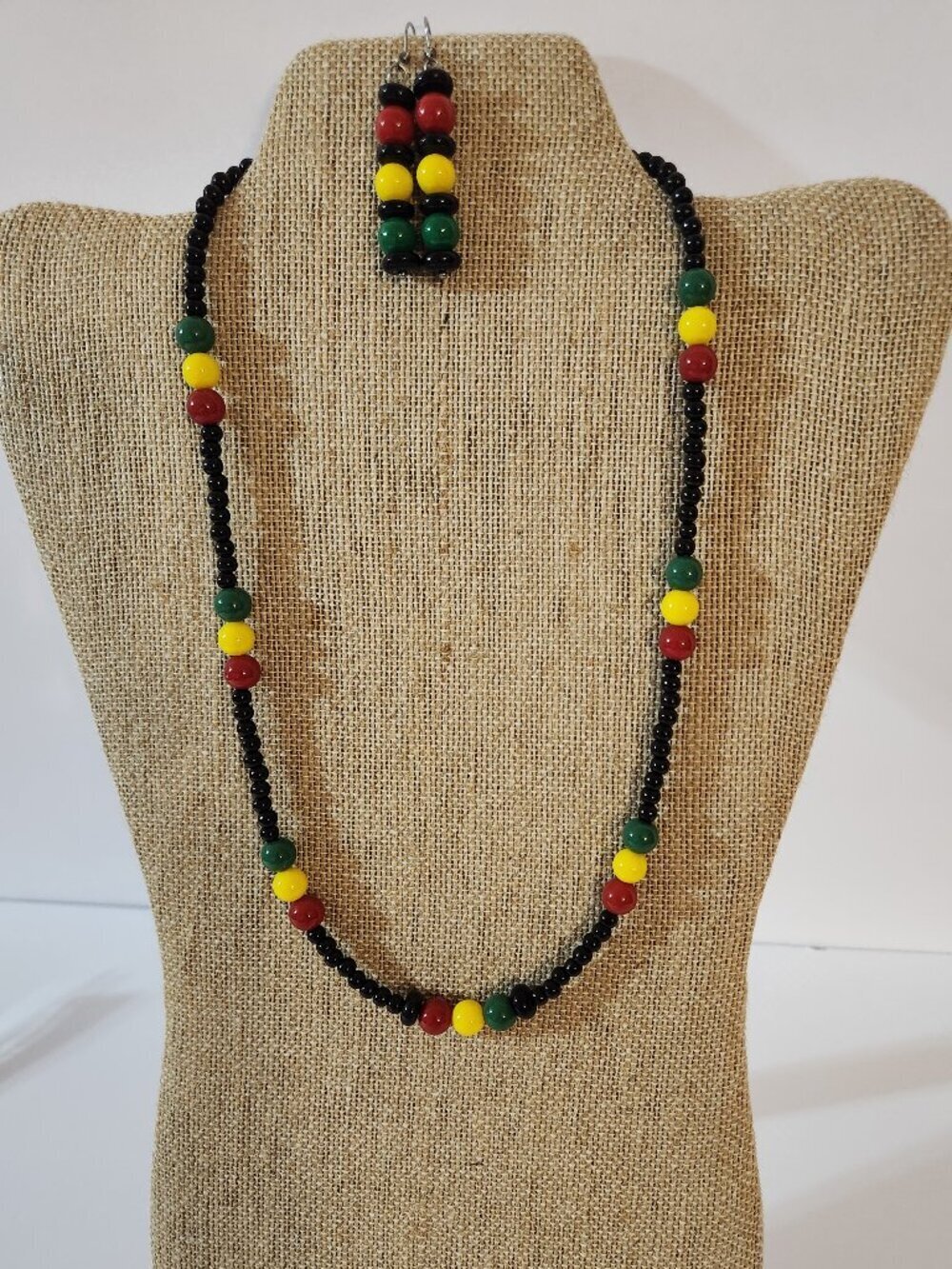 Hand Crafted Necklace and Earrings Set Juneteenth Red Yellow Green Black - Picture 2 of 7